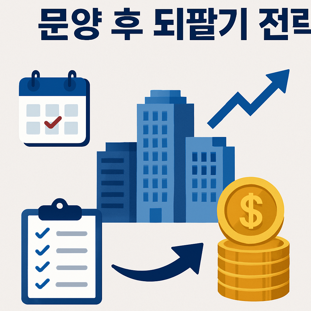 지식산업센터 건물을 중심으로 달력, 체크리스트, 화살표, 금화 아이콘이 배치된 인포그래픽. 부동산 분양 후 되팔기 전략과 수익 흐름을 시각적으로 표현한 이미지.