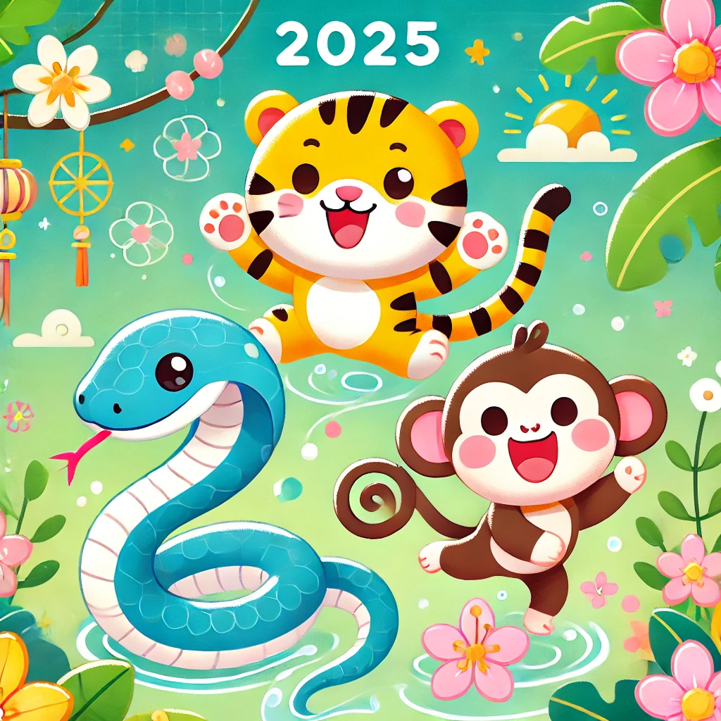 2025년 대박띠인 뱀, 호랑이, 원숭이를 밝고 쾌활한 만화 스타일로 표현한 이미지로, 봄의 생명력을 상징하는 꽃과 초록 잎으로 둘러싸여 성장과 번영을 강조합니다.