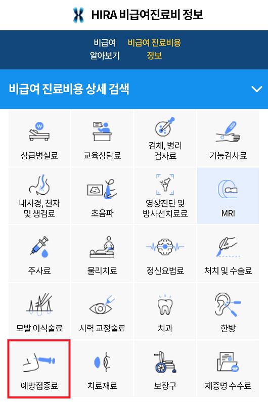 비급여 진료비 중 예방접종료 항목을 선택합니다.