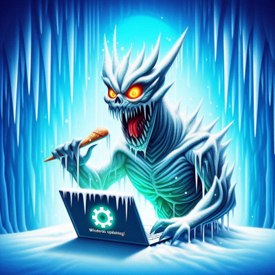 얼어붙은 악당이 노트북으로 윈도우를 공격하는 모습