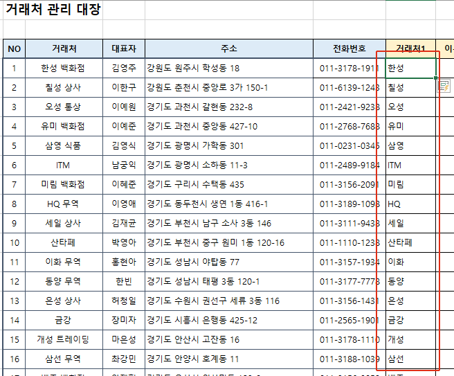 거래처명 일부 빠른채우기 결과