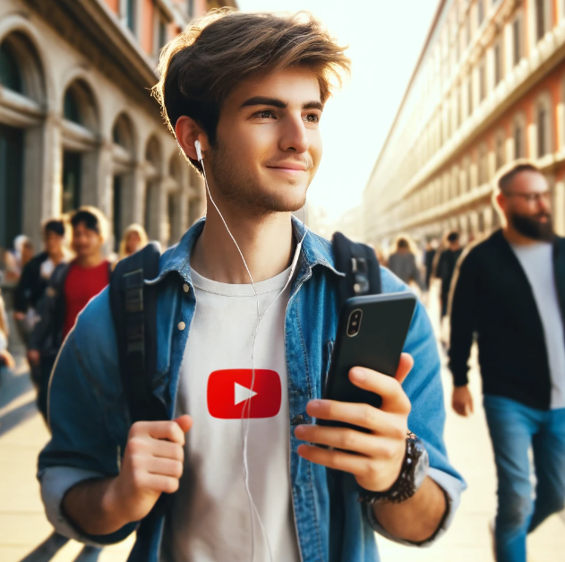 유튜브 프리미엄을 스마트폰으로 들으면서 거리를 걷는 한 청년의 모습