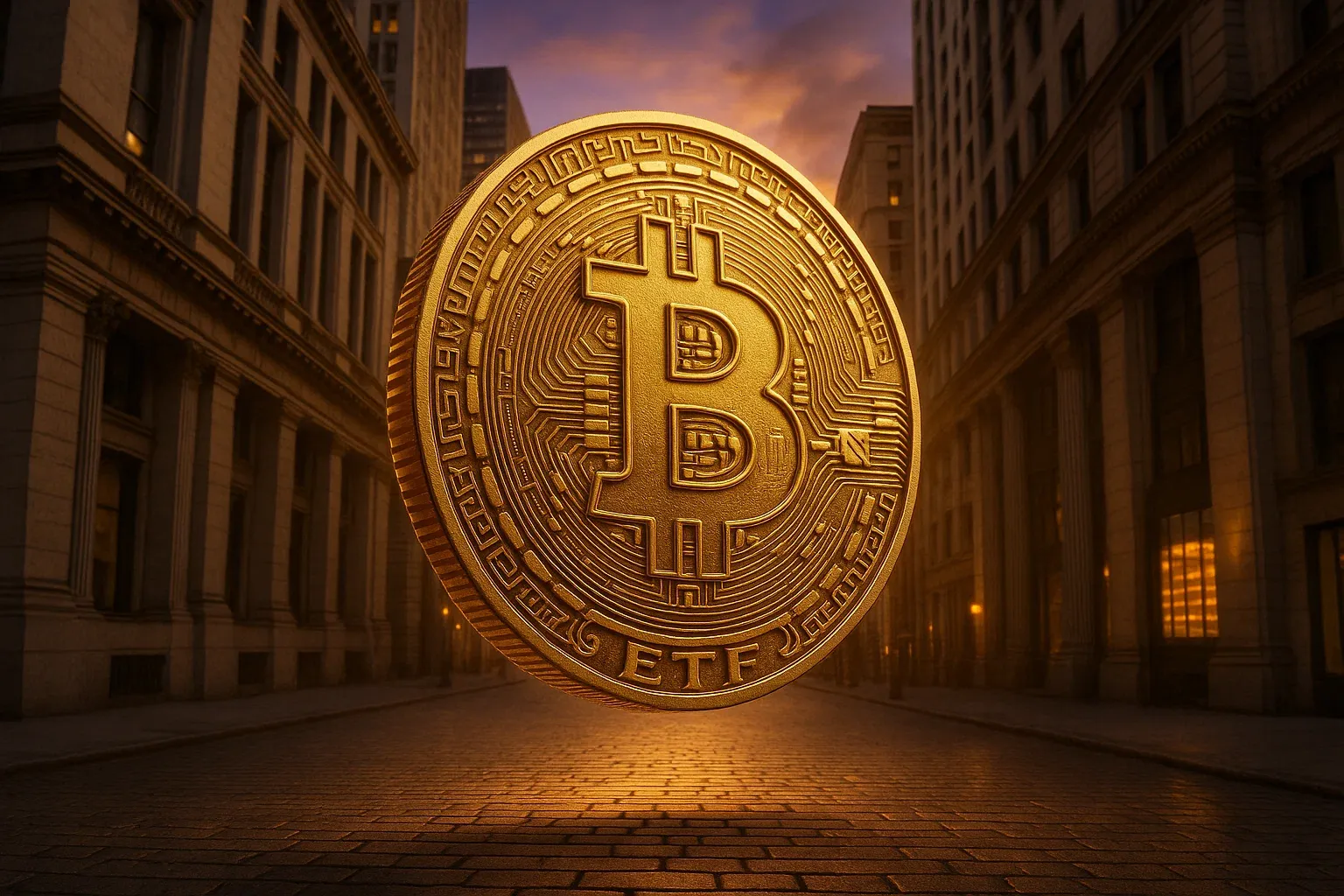 비트코인 로고와 ETF 문구가 새겨진 금화가 월스트리트 배경과 함께 표현된 고품질 일러스트