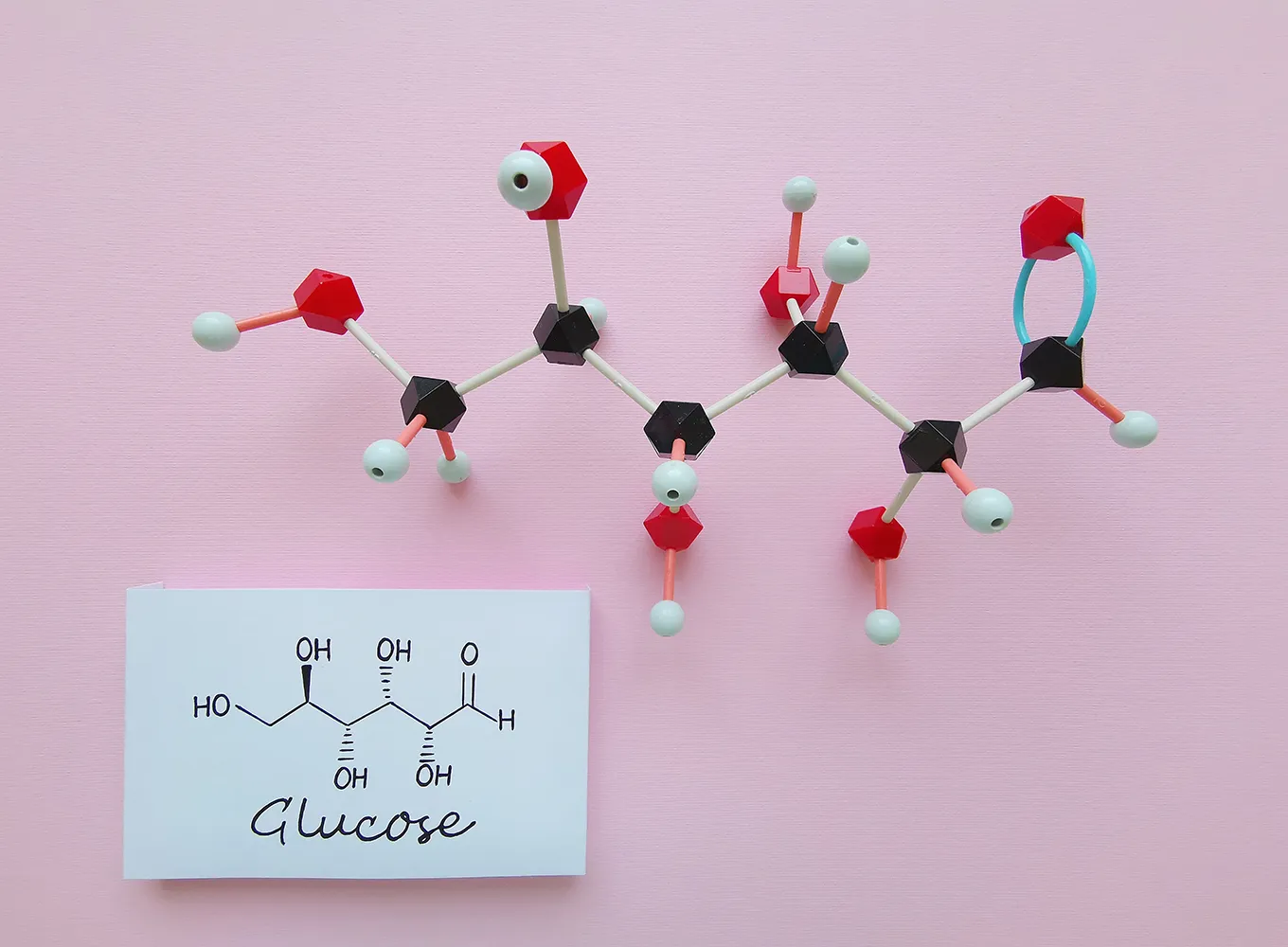 포도당 분자의 분자 구조 모델 및 구조 화학식