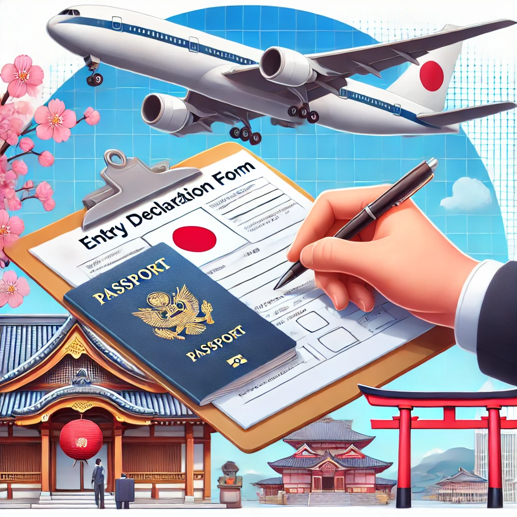 여행자가 일본 입국 신고서를 작성하는 장면, 여권과 펜을 들고 공항에서 신고서를 작성하며, 배경에는 비행기와 일본의 전통적인 건물, 벚꽃나무가 보임
