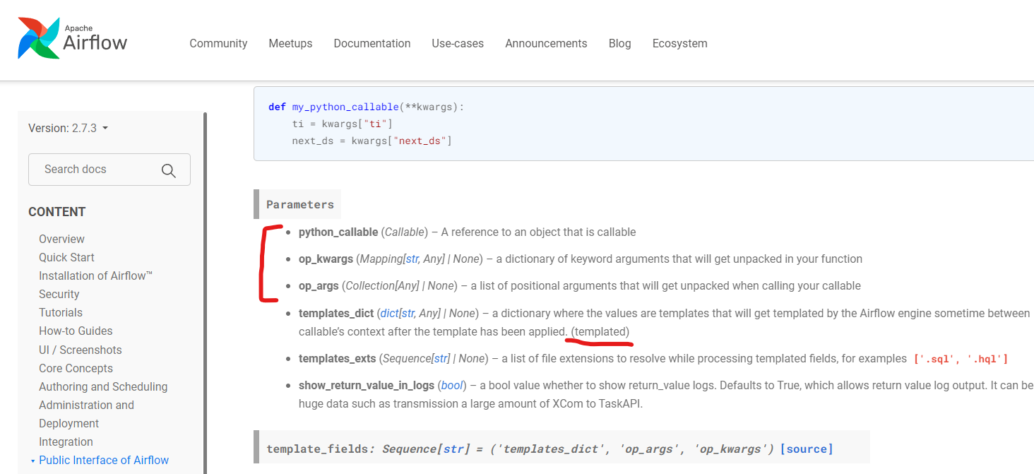 [Airflow] python operator 템플릿 사용이 가능한 파라미터