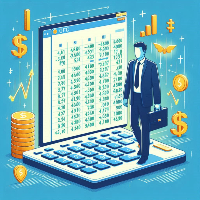 데이터 그래프가 보이는 계산기 위에 선 정장 입은 사람