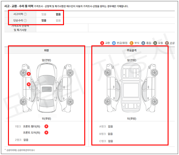 성능점검에서 사고 교환 수리 이력 확인하기