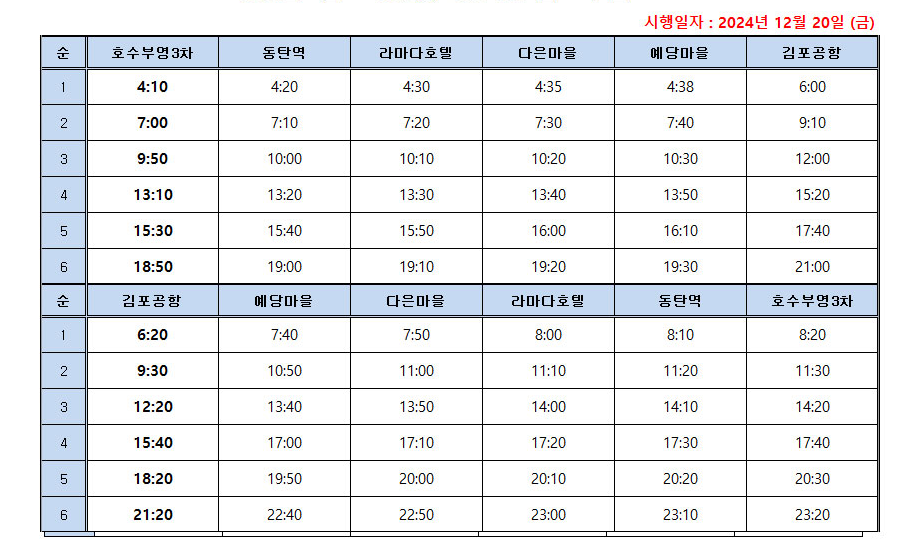 동탄에서 김포공항 리무진 버스 시간표