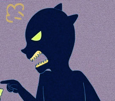 사람 모양의 형체가 노란 눈을 치켜뜨고 다른 사람에게 화를 내고 있는 그림