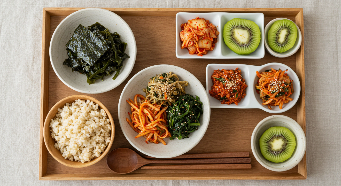 식이섬유가 풍부한 갈색쌀, 김치, 나물, 해조류, 키위를 담은 건강 식단
