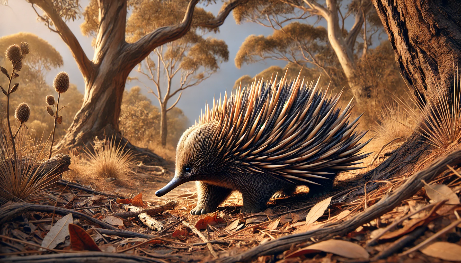DALL·E 2025-02-26 22.05.16 - A realistic depiction of an echidna in its natural Australian habitat. The echidna has sharp spines covering its back and a long snout. It is shown fo.png