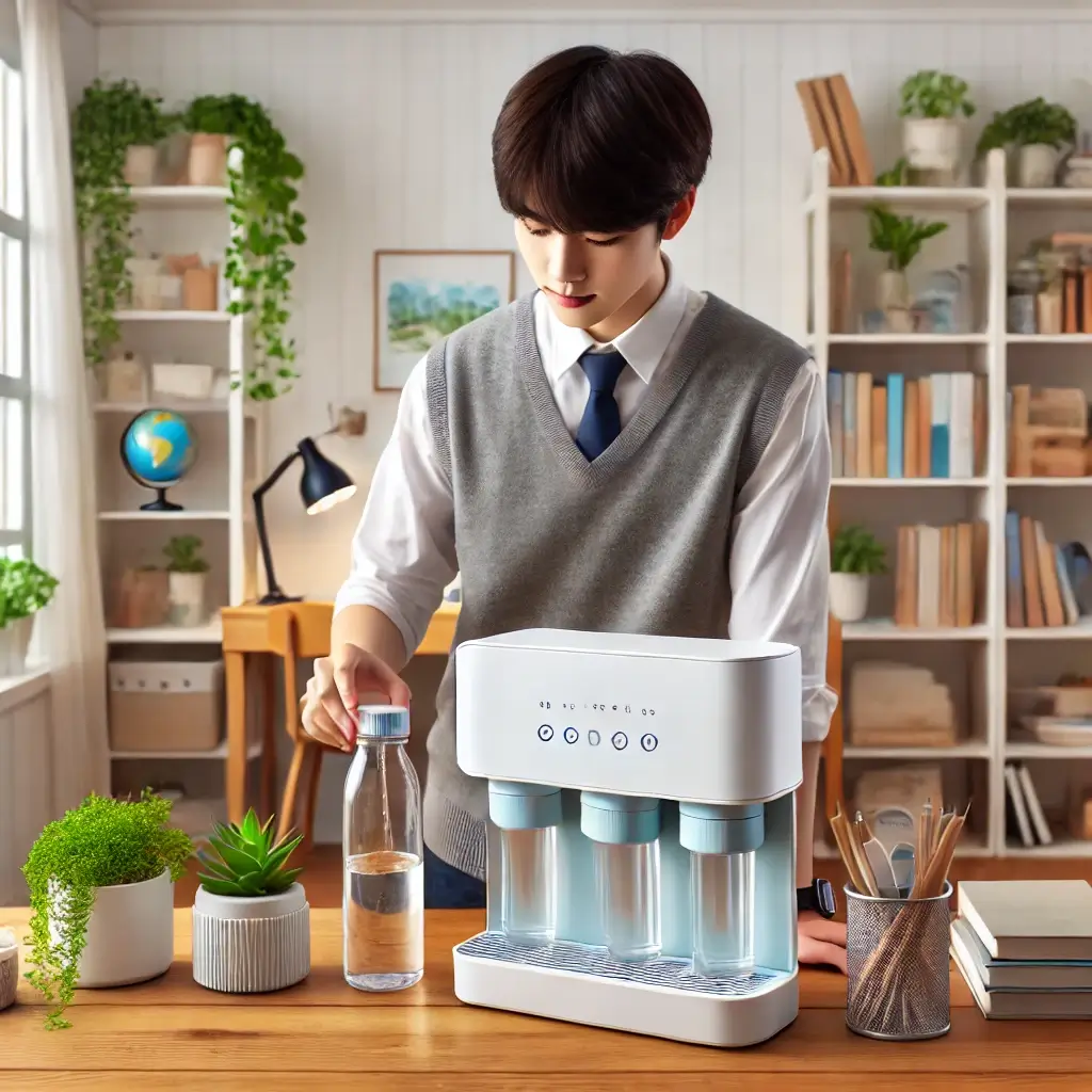 공부방에서 정수기를 사용하는 학생