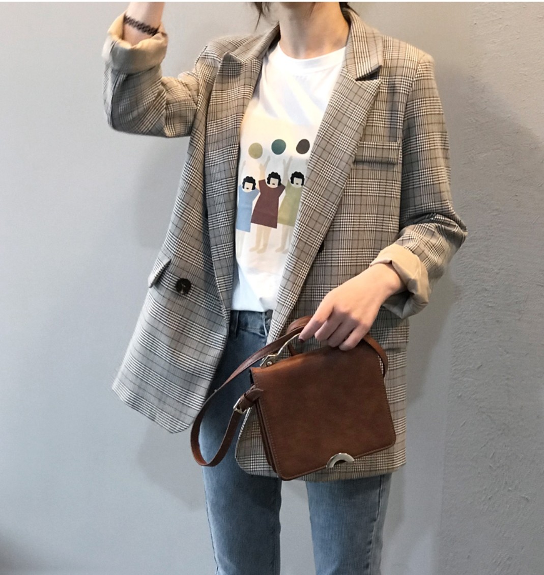 여자 루즈핏 아우터 가을 베이지 체크 자켓