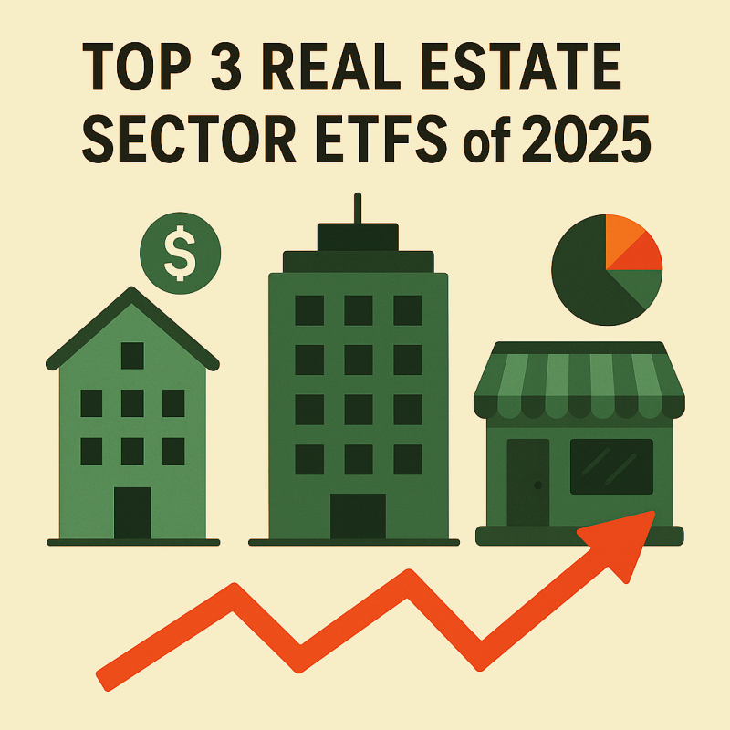 Illustration showing top 3 real estate sector ETFs of 2025 with rising graph and building icons