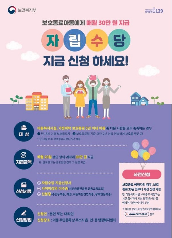  [보건복지부] 이달부터 자립준비청년 자립수당 대상 확대…월 30만원 지원(보호종료 3년→5년…내년 지원대상 1만명으로 늘어나)