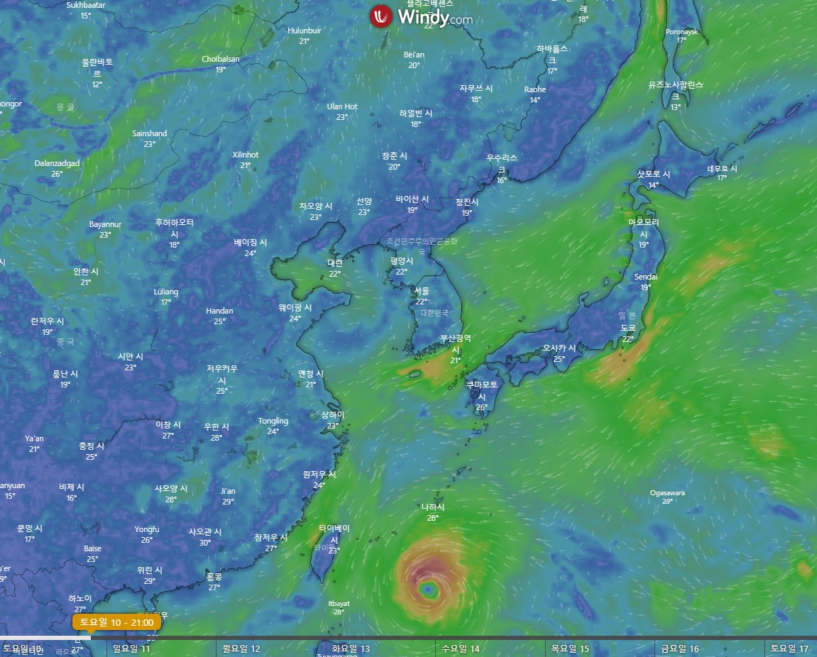 2022년 제12호 태풍 무이파 - Windy / 2022년 9월 10일 토요일 21:00경