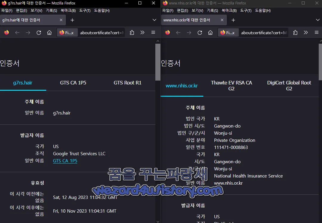 왼쪽 피싱 사이트 인증서 정보 오른쪽 진짜 국민건강보험 인증서 정보