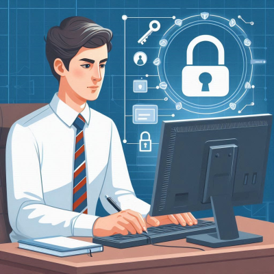 컴퓨터 앞에서 보안 개념을 다루는 남성 직장인