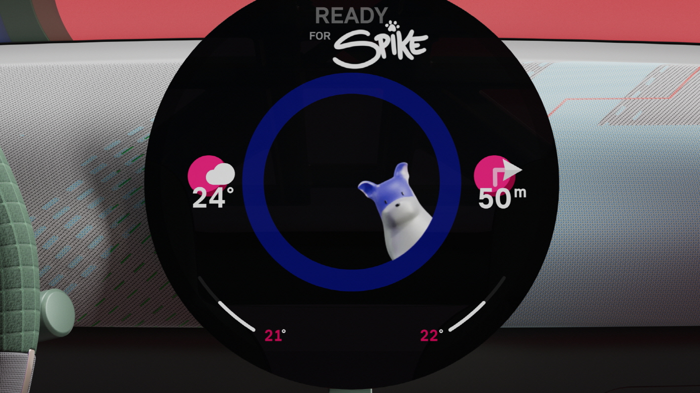 미니 콘셉트 에이스맨의 센터 디스플레이에 나타난 미니의 디지털 반려동물 잉글리시 불독에서 영감을 얻은 스파이크