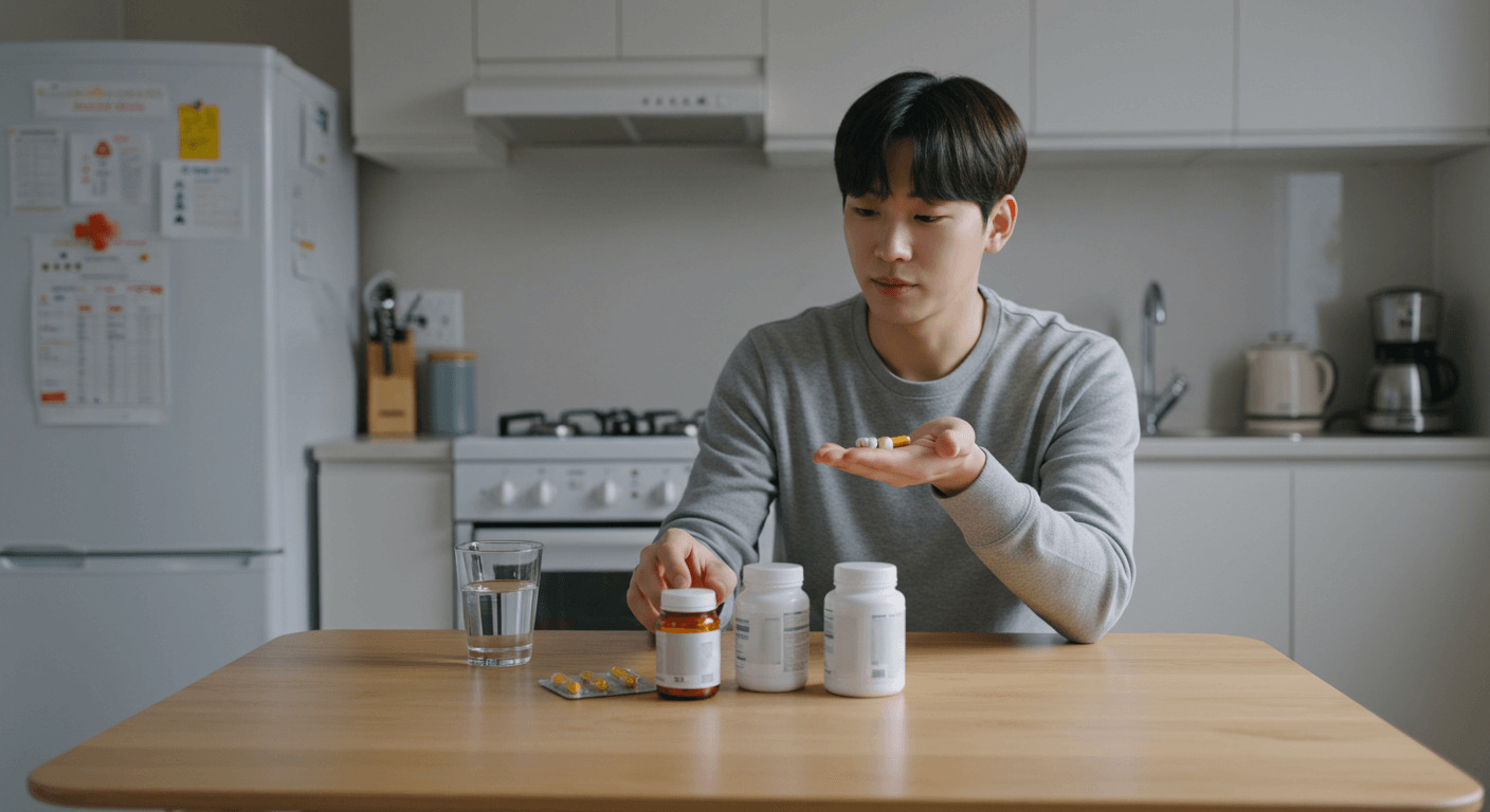 영양제 루틴에 맞춰 비타민을 복용하는 모습