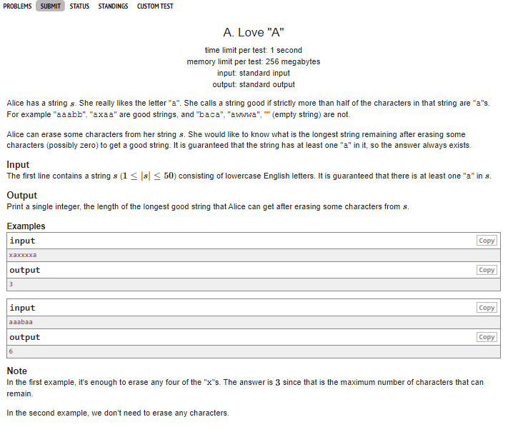  [Codeforces]  1146A: Love "A"