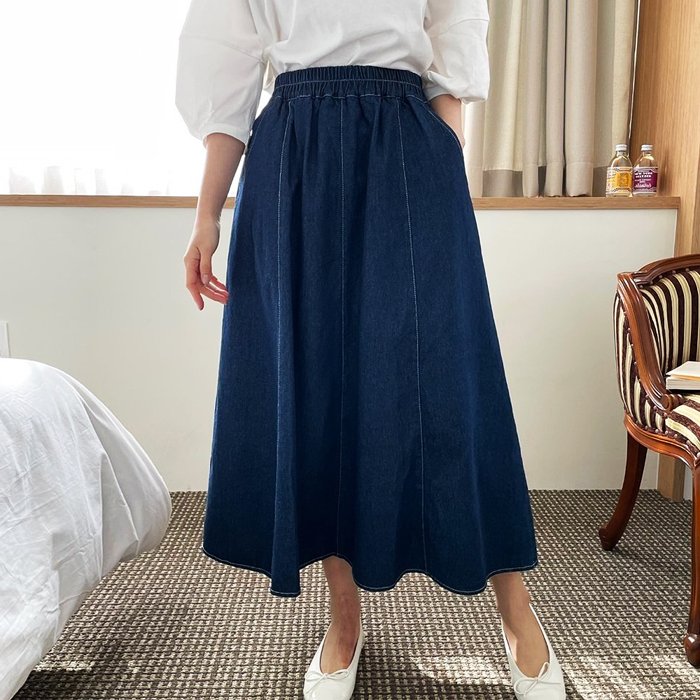  원앤맘 여성 데님 롱 스커트 밴딩 플레어 청 스커트 봄 여름 데님 치마 2COLOR