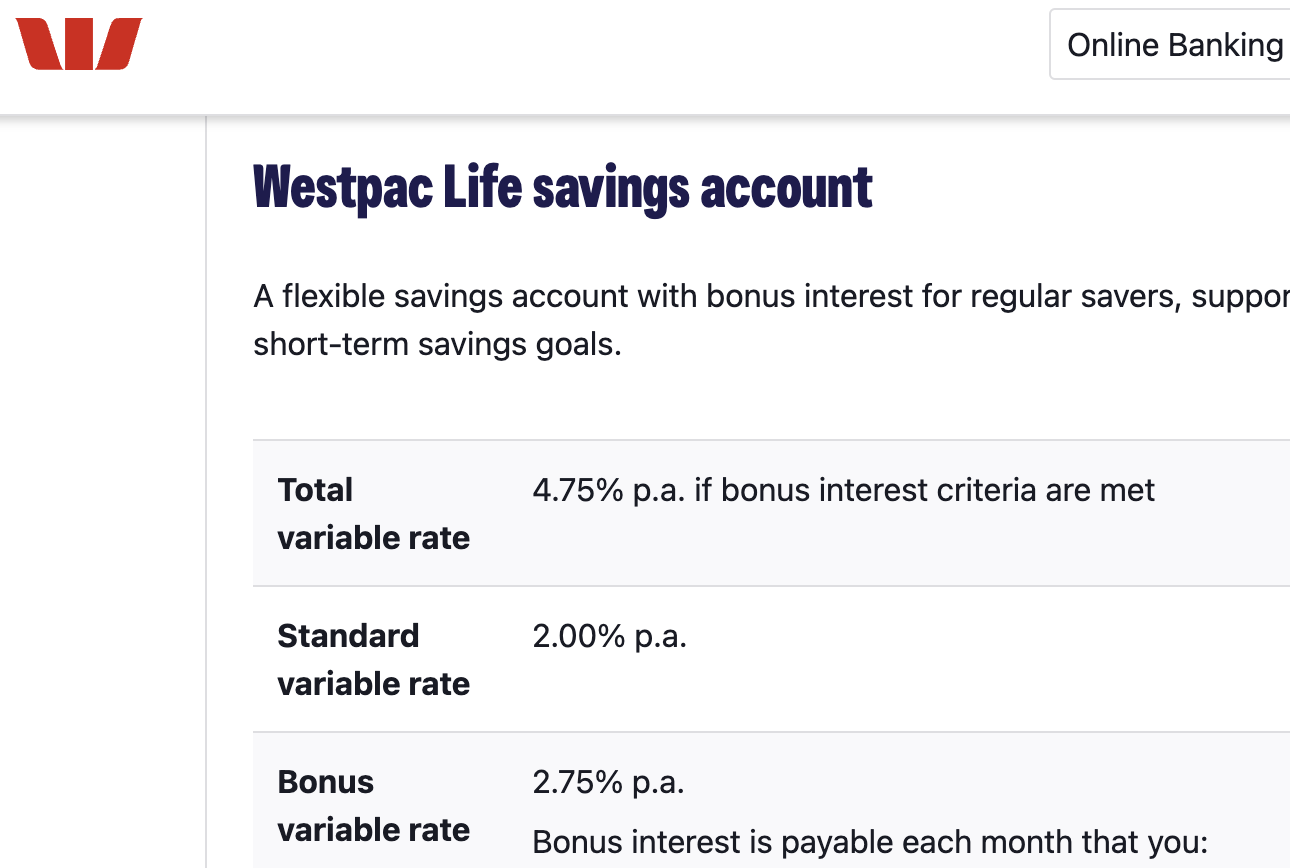 Westpac 11월16일 기준 예금 금리 4.75%