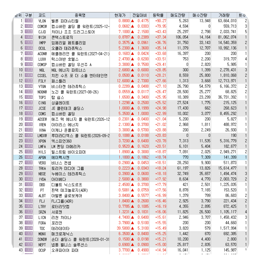  2월13일 미국주식 상승률 상위 종목 TOP 300