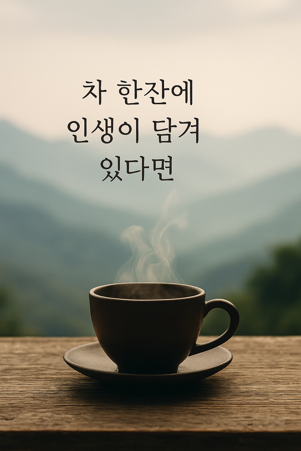 나무 테이블 위 찻잔에서 김이 피어오르고, 그 위로 “차 한잔에 인생이 담겨 있다면”이라는 문구가 여백 있는 구성으로 자연스럽게 배치되어 있다.
