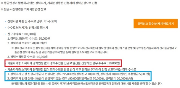 정보통신기술자 경력 수첩 신청 수수료에 관한 내용입니다. 아래 빨간 체크 박스를 확인하시면 기술자격증 소지자가 경력인정 없이 경력수첩을 신규로 발급을 신청하는 경우 수수료 1만원만 부담하면 된다고 기재되어 있습니다. 하지만 추가 경력을 신청하는 경우 거의 10만원에 가까운 수수료가 추가로 발생합니다.