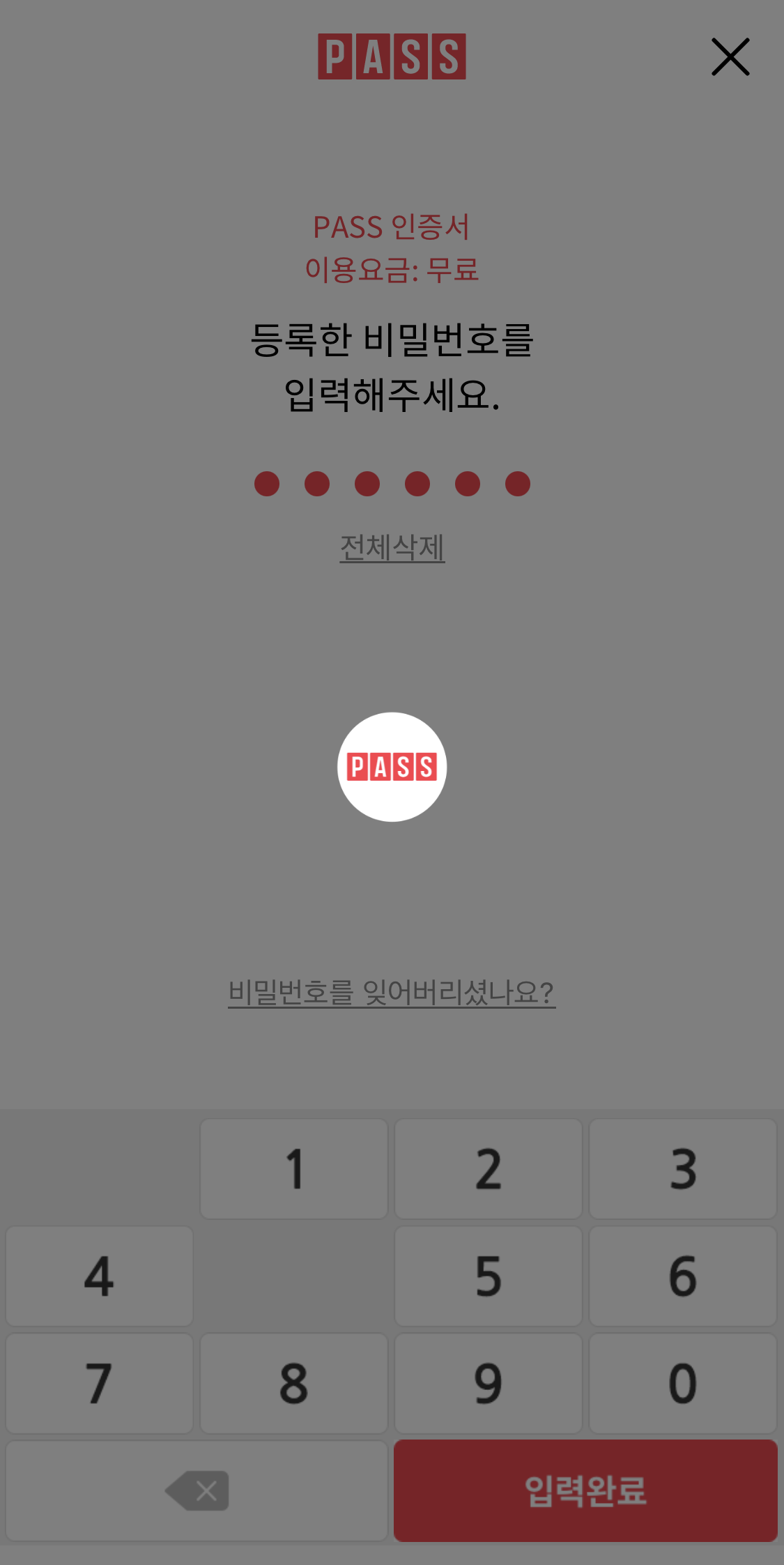 PASS앱 인증서 발급 절차 - 인증 비밀번호 설정