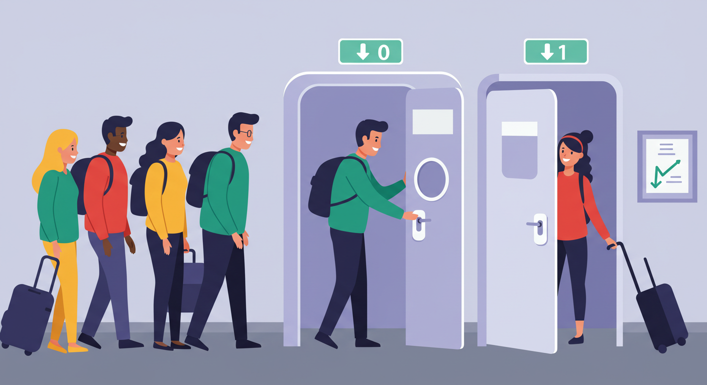 (Image Prompt: Stylized illustration showing diverse passengers waiting patiently in line for the airplane lavatory, with one person exiting and smiling politely. Bright and friendly colors. Style: Flat design illustration.)