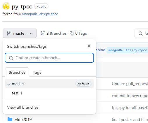 py-tpcc에 브랜치 test_1 추가 화면