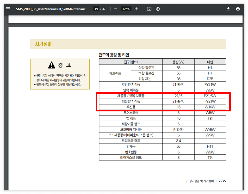 SM5뉴임프 전구 규격