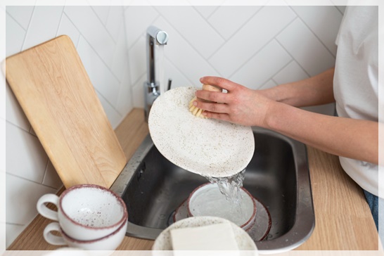 Close up hands washing dishes