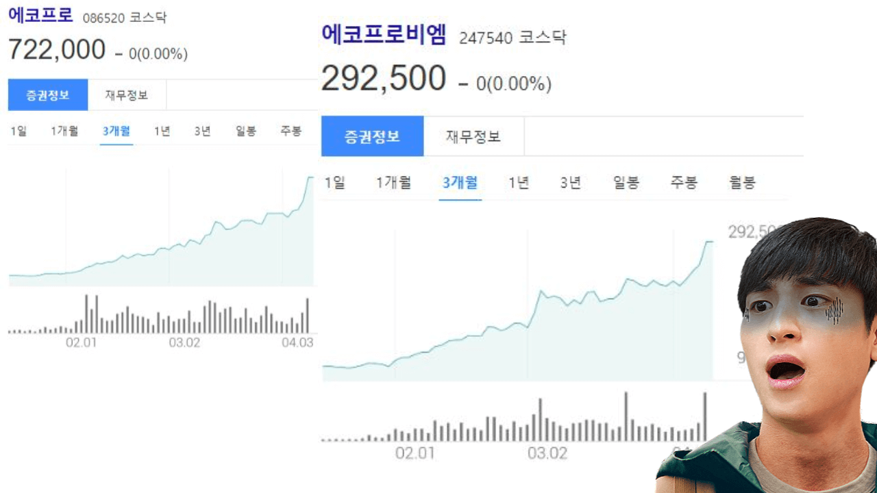 에코프로와 에코프로비엠 주가 3개월 상승 그래프