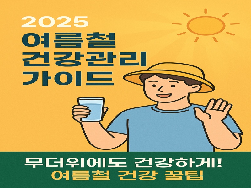 여름철 건강관리 요령을 알리는 2025년 한국어 인포그래픽 – 수분 보충, 면역력 강화, 냉방병 예방법 등의 내용이 시각적으로 표현됨