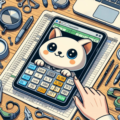 고양이 이미지가 있는 전자 계산기와 작업 도구