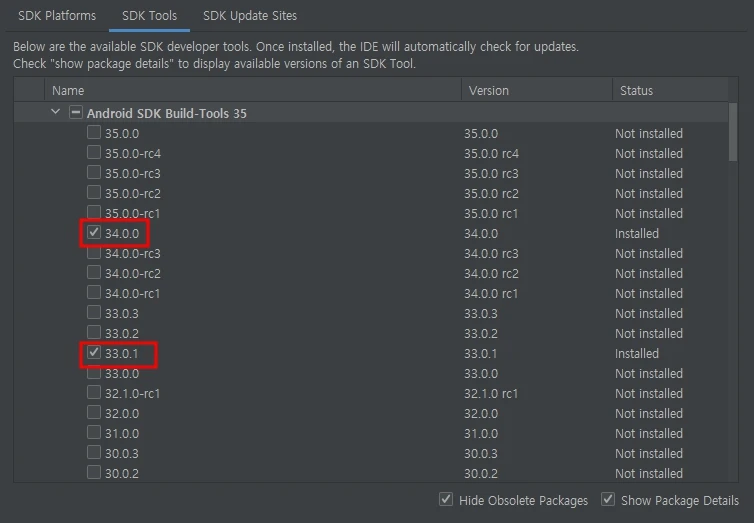 빌드 툴도 35.0.0을 체크 해제하고 33.0.1을 체크한다. 5.4.4버전을 설치하였다면 34.0.0 체크