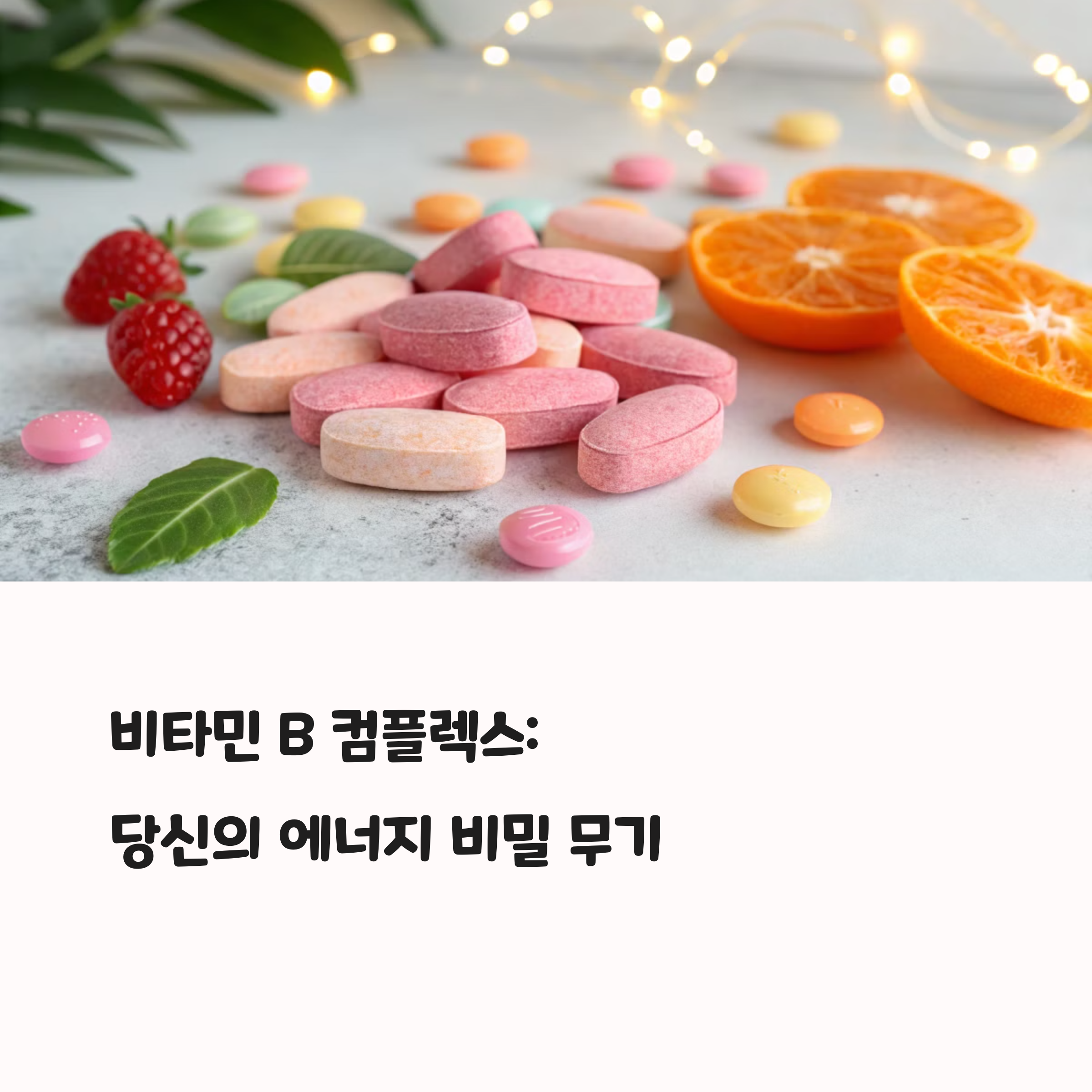 비타민 B 컴플렉스 알약과 과일이 함께 놓인 이미지, 활력과 에너지를 상징하는 비타민 B의 비주얼 강조
