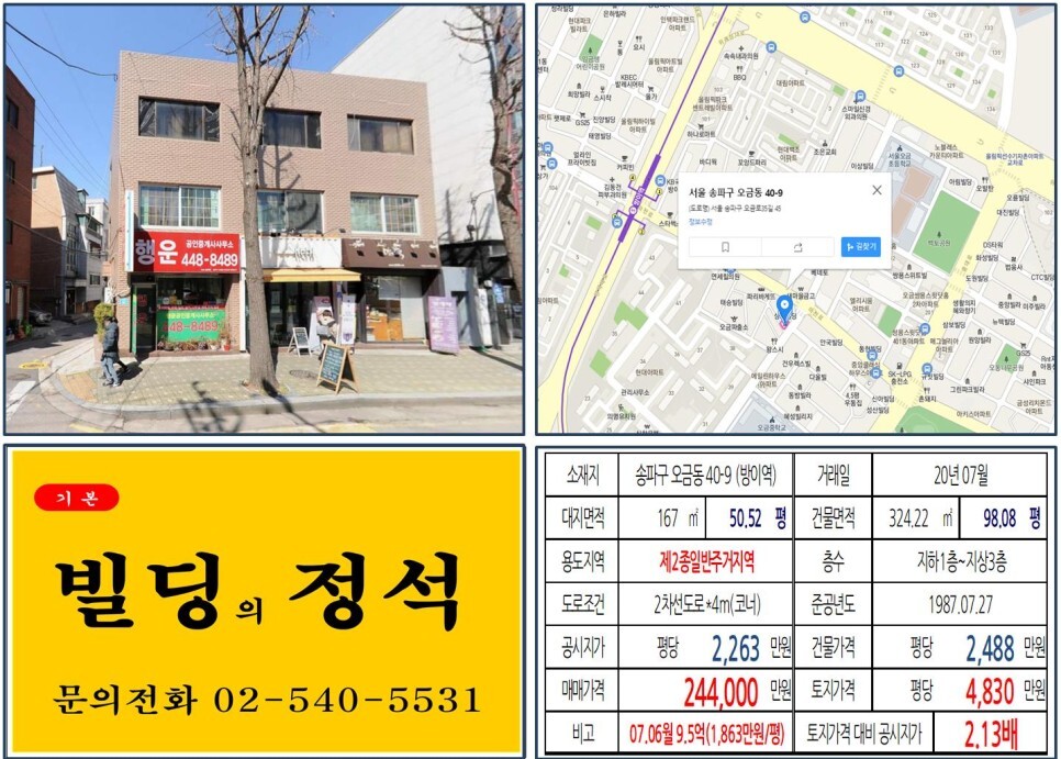  [송파구 현대아파트 20억 꼬마빌딩 실거래가 조회] 오금동 40-9 (방이역) 24.4억 원, 평당 4,830만 원 매매되었습니다. 송파재건축 아파트