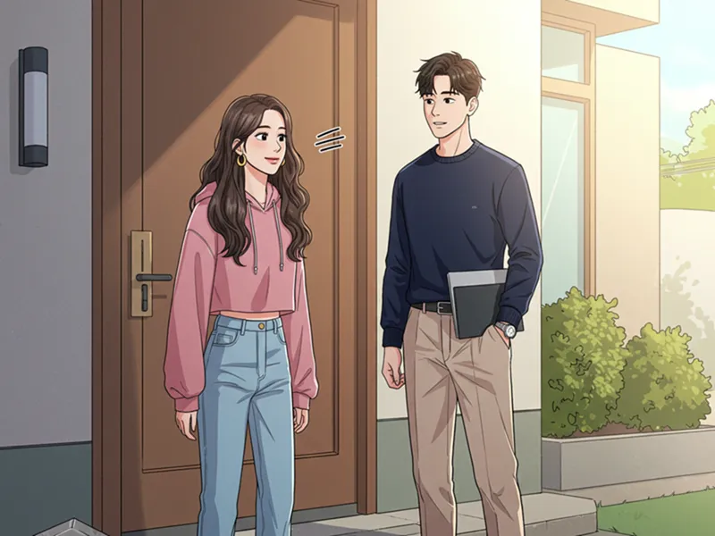 집 앞에서 소시오패스 관계에서 벗어나는 방법을 논의하는 코믹북 스타일 이미지&quot;
