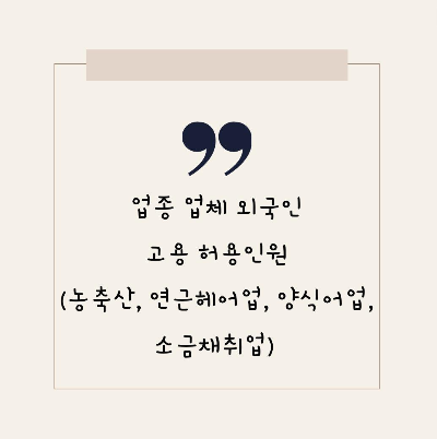  업종 업체별 외국인 고용 허용인원 (농축산, 연근헤어업, 양식어업, 소금채취업)