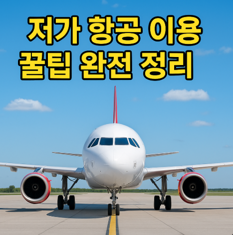 활주로 위에 서 있는 저가항공 비행기의 정면 모습. 파란 하늘 아래 흰색 동체와 빨간 꼬리날개가 돋보이며, 상단에는 '저가 항공 이용 꿀팁 완전 정리'라는 한국어 텍스트가 강조되어 있는 이미지. 항공 여행 정보와 저비용 항공사 활용 팁을 소개하는 콘텐츠에 적합함
