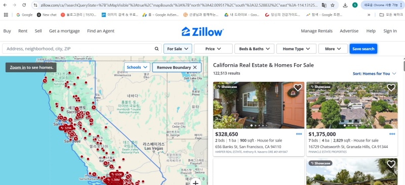 Screenshot of Zillow's California real estate listings, showing house prices in San Francisco and Granada Hills with an interactive map and property details.