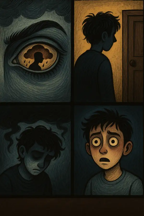 PTSD 네 가지 핵심 증상(재경험, 회피, 부정적 인지/기분, 과각성)을 나타내는 아이콘 또는 개념도