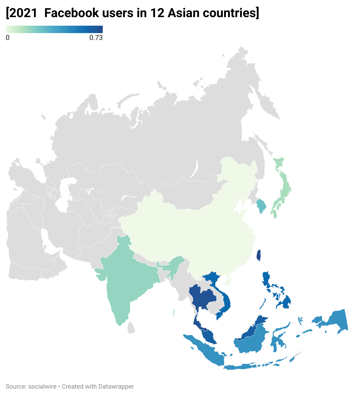 2021 아시아 12개 국가 인구 대비 페이스북 이용자 히트맵