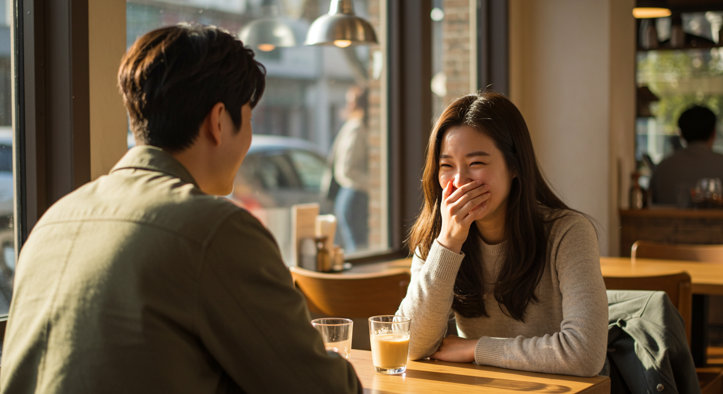 소개팅에서 대화를 하고 있는 남자와 여자 사진, 여자가 손으로 입을 가리고 밝게 우속 있음