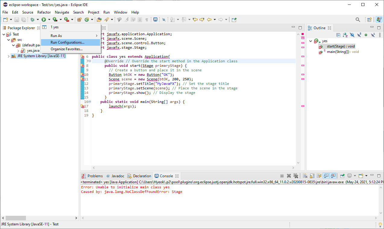  javafx caused by java lang noclassdeffounderror stage